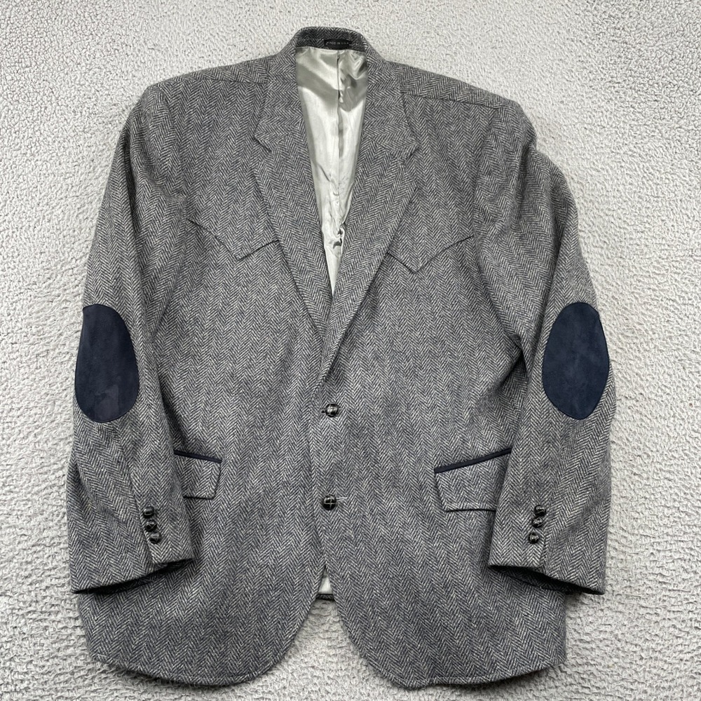 Brad Whitney Blazer Mens 48R Grey Herringbone Western Suede Elbow Patch Tweed